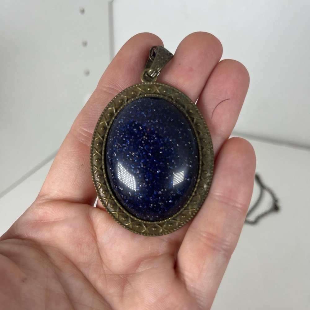 Vintage Style Blue Goldstone Oval Pendant Necklace Antique Bronze Starry Night